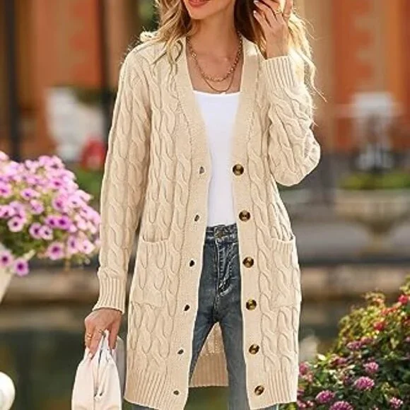 Long Sleeve Cable Knit Chunky Cardigan Open Front Button Sweater with Pockets - Picture 6 of 8